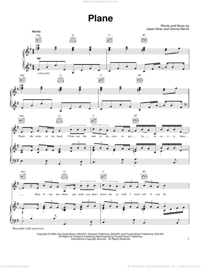 Plane sheet music for voice, piano or guitar by Jason Mraz and Dennis Morris, intermediate skill level