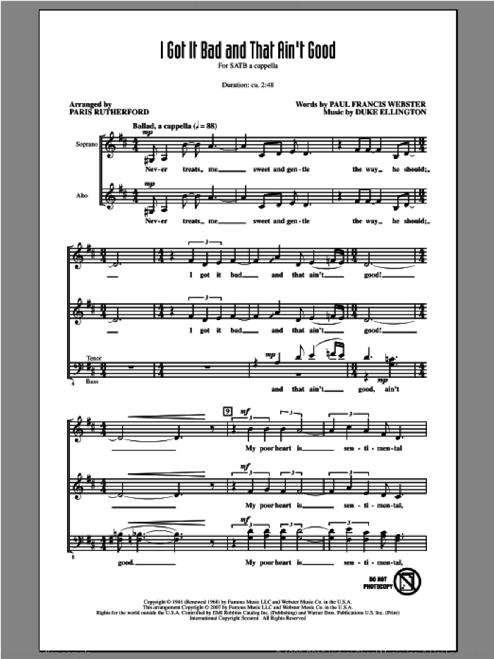 I Got It Bad And That Ain't Good sheet music for choir (SATB: soprano, alto, tenor, bass) by Paris Rutherford, intermediate skill level