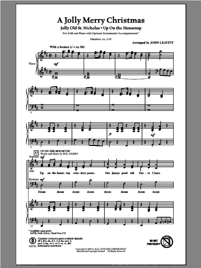 A Jolly Merry Christmas sheet music for choir (SAB: soprano, alto, bass) by John Leavitt, intermediate skill level