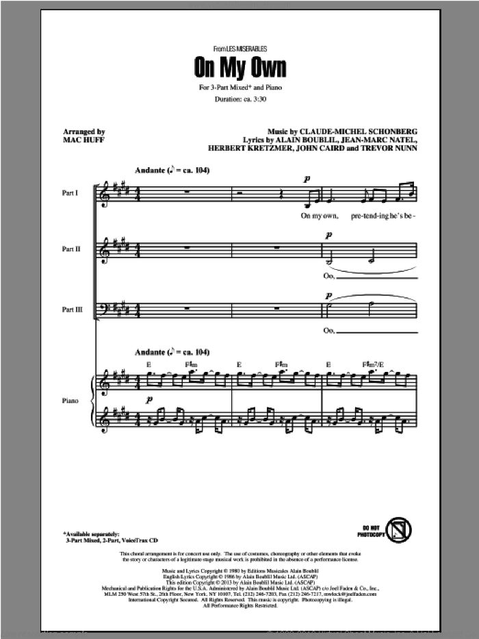On My Own (from Les Miserables) (arr. Mac Huff) sheet music for choir (3-Part Mixed) by Mac Huff, Boublil and Schonberg, Alain Boublil, Claude-Michel Schonberg and Les Miserables (Movie), intermediate skill level