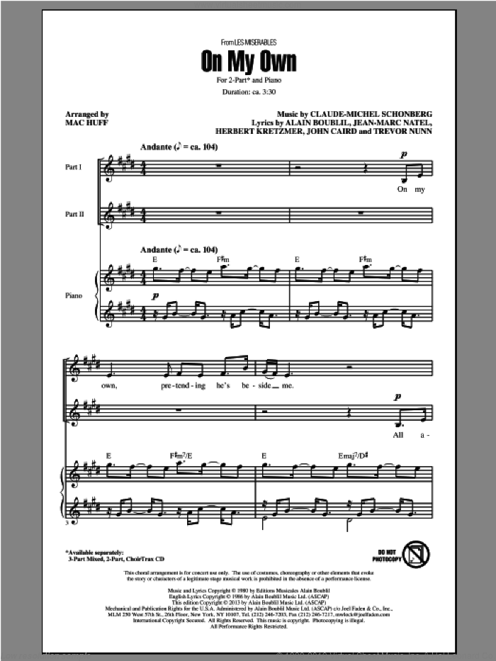 On My Own (from Les Miserables) (arr. Mac Huff) sheet music for choir (2-Part) by Mac Huff, Boublil and Schonberg, Alain Boublil, Claude-Michel Schonberg and Les Miserables (Movie), intermediate duet