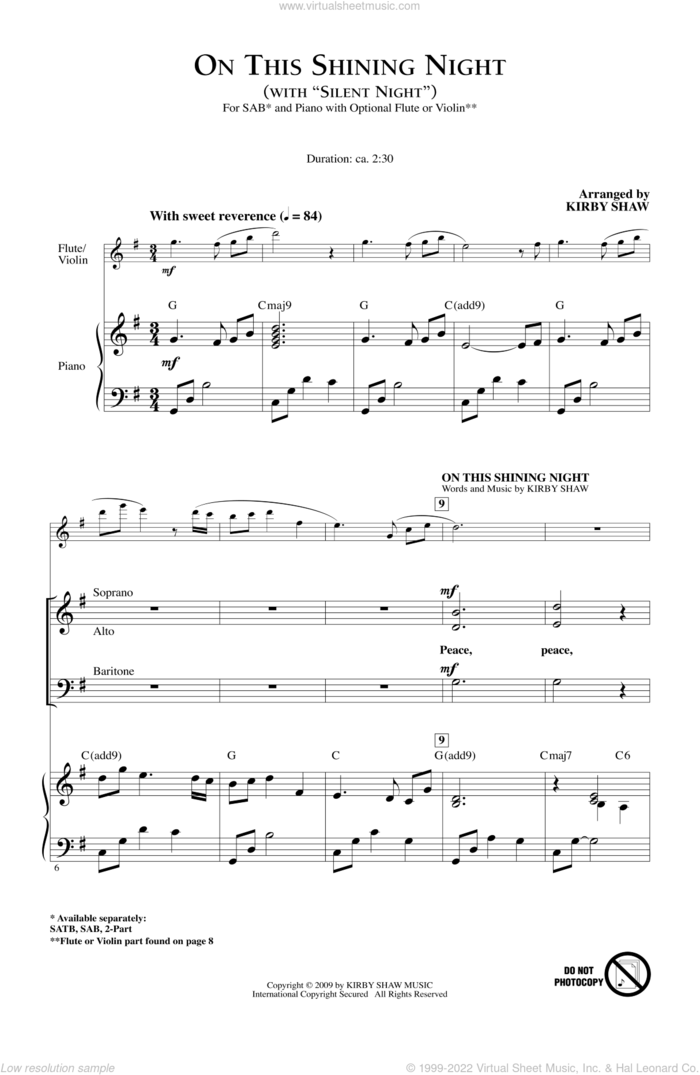 On This Shining Night (with Silent Night) sheet music for choir (SAB: soprano, alto, bass) by Kirby Shaw, intermediate skill level
