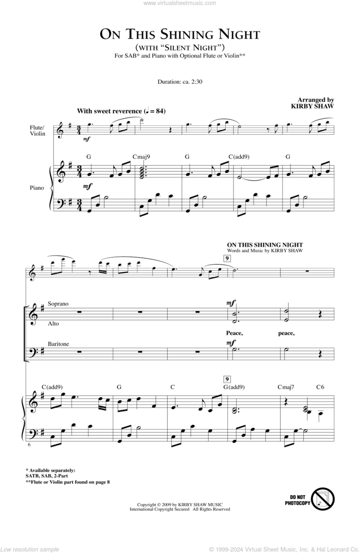 On This Shining Night (with Silent Night) sheet music for choir (SAB: soprano, alto, bass) by Kirby Shaw, intermediate skill level