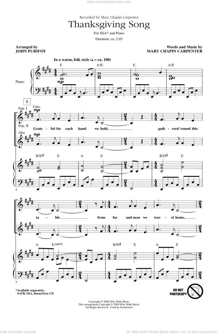 Thanksgiving Song (arr. John Purifoy) sheet music for choir (SSA: soprano, alto) by Mary Chapin Carpenter and John Purifoy, intermediate skill level
