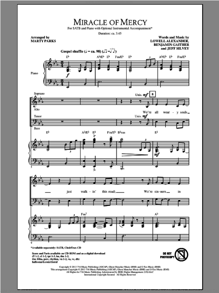 Miracle Of Mercy sheet music for choir (SATB: soprano, alto, tenor, bass) by Marty Parks, Benjamin Gaither and Jeff Silvey, intermediate skill level