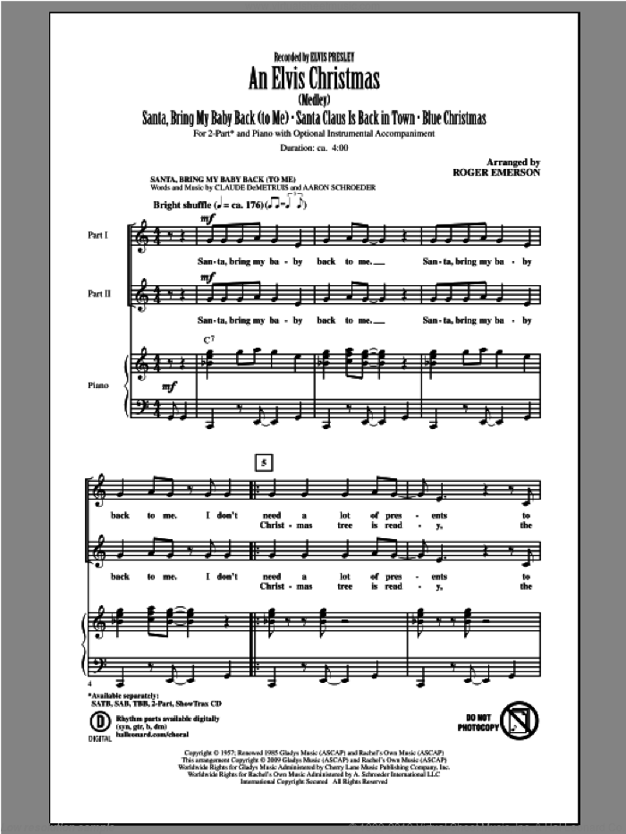 An Elvis Christmas sheet music for choir (2-Part) by Elvis Presley and Roger Emerson, intermediate duet