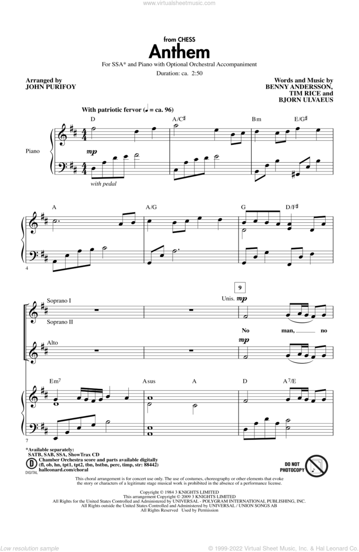 Anthem (from Chess) sheet music for choir (SSA: soprano, alto) by John Purifoy, intermediate skill level