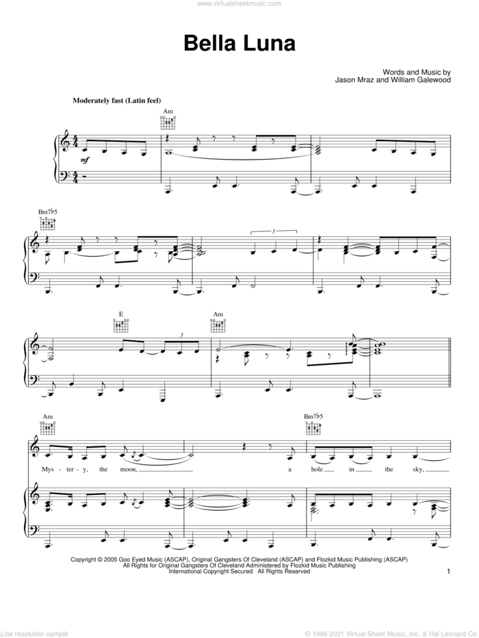 Bella Luna sheet music for voice, piano or guitar by Jason Mraz and William Galewood, intermediate skill level