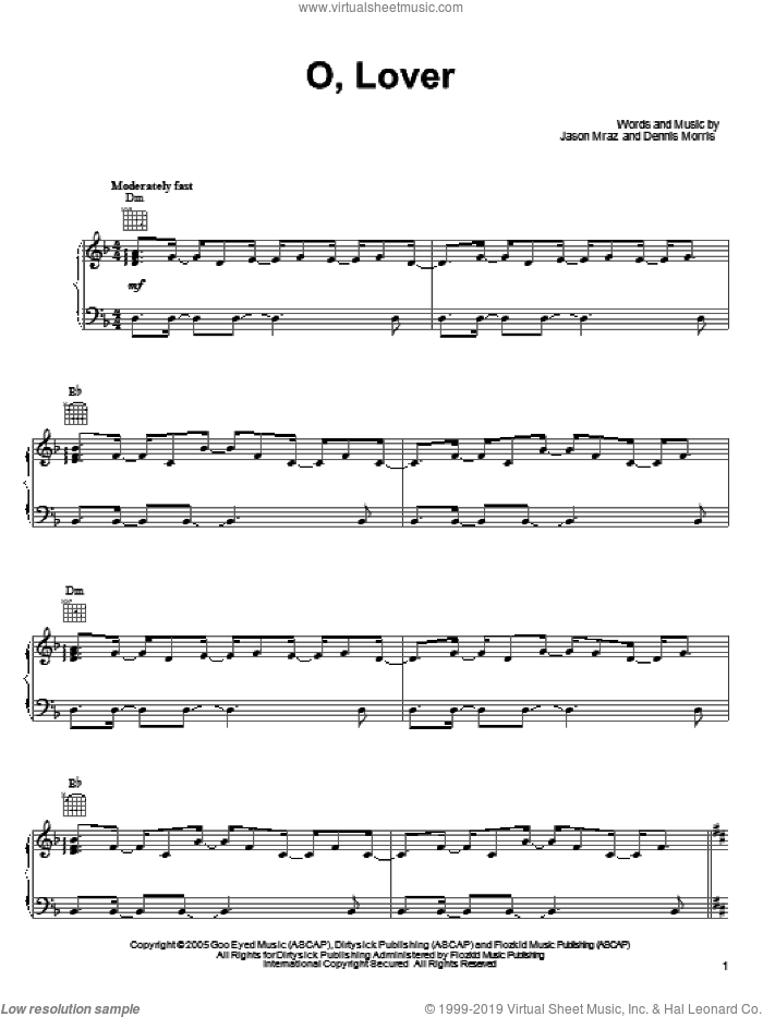 O, Lover sheet music for voice, piano or guitar by Jason Mraz and Dennis Morris, intermediate skill level