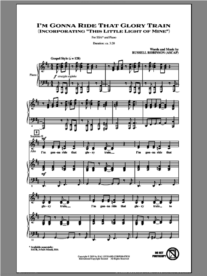 I'm Gonna Ride That Glory Train sheet music for choir (SSA: soprano, alto) by Russell Robinson, intermediate skill level