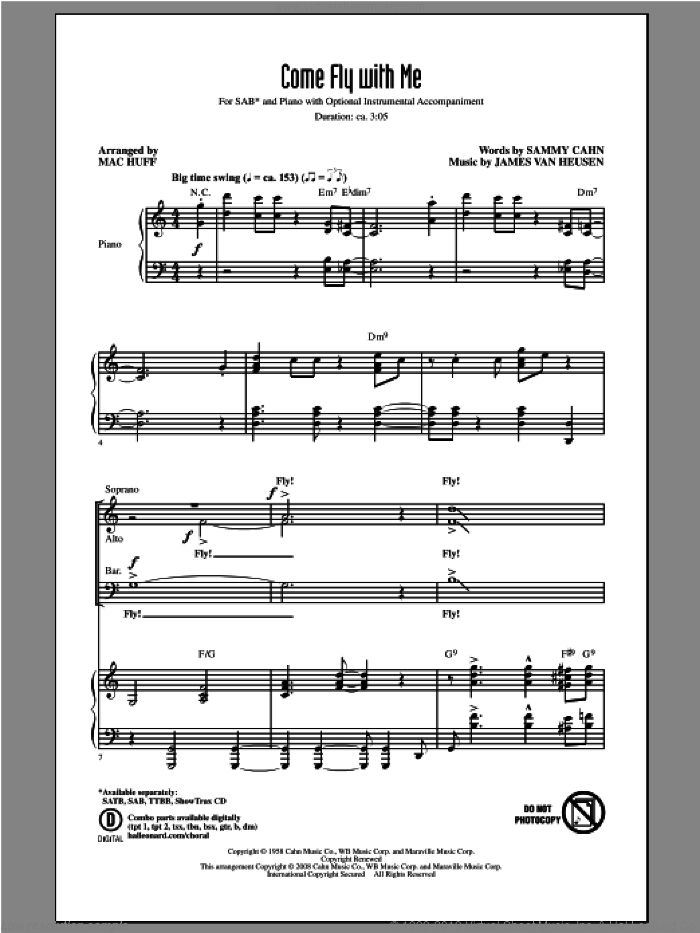 Come Fly With Me sheet music for choir (SAB: soprano, alto, bass) by Mac Huff and Frank Sinatra, intermediate skill level
