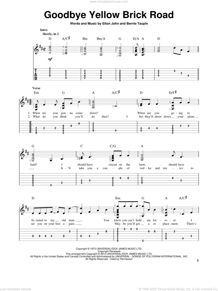 Goodbye Yellow Brick Road sheet music for guitar solo by Elton John, intermediate skill level