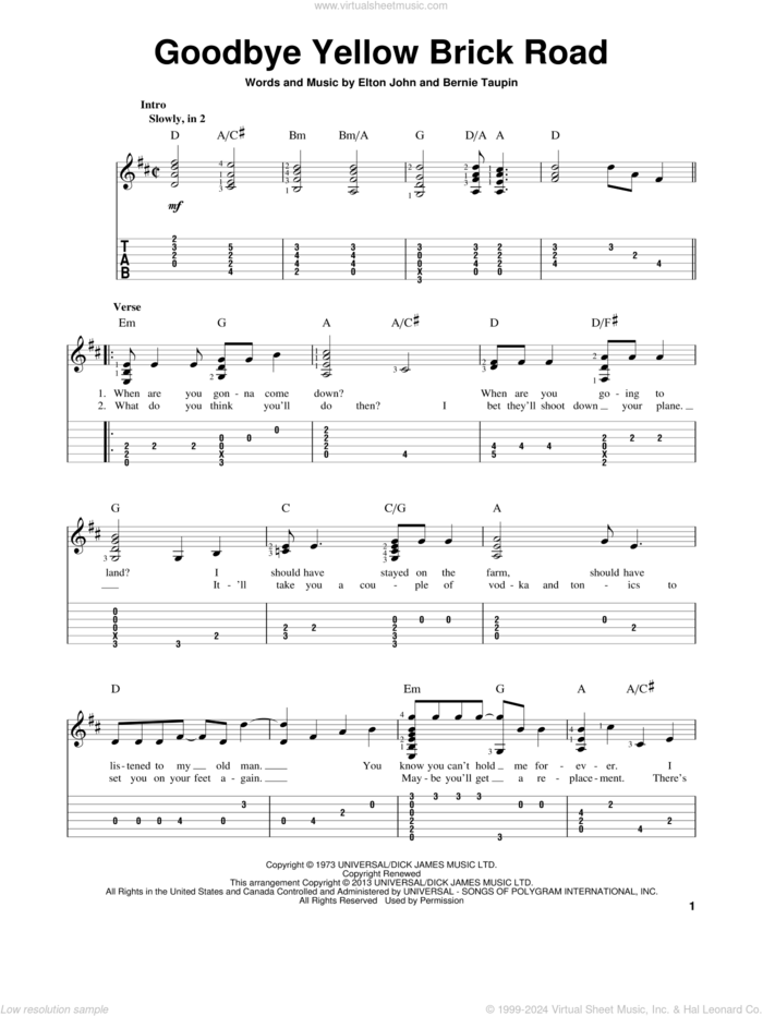 Goodbye Yellow Brick Road sheet music for guitar solo by Elton John, intermediate skill level