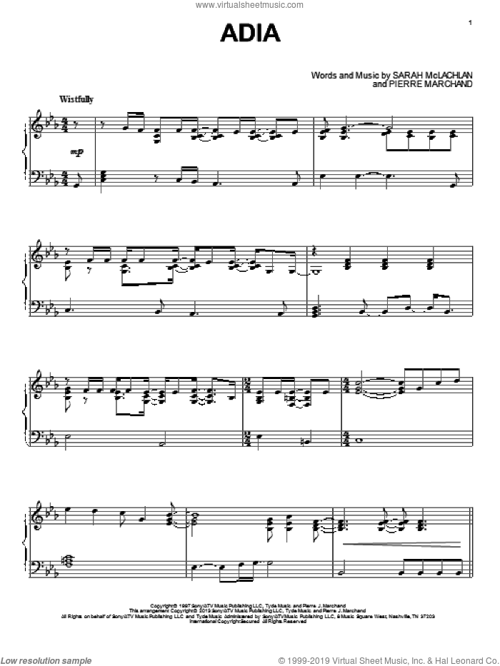 Adia sheet music for piano solo by Sarah McLachlan, intermediate skill level