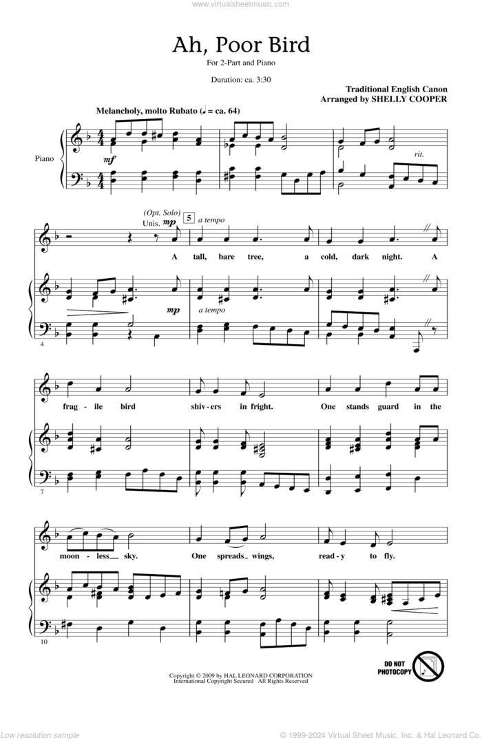 Ah, Poor Bird sheet music for choir (2-Part) by Shelly Cooper, intermediate duet