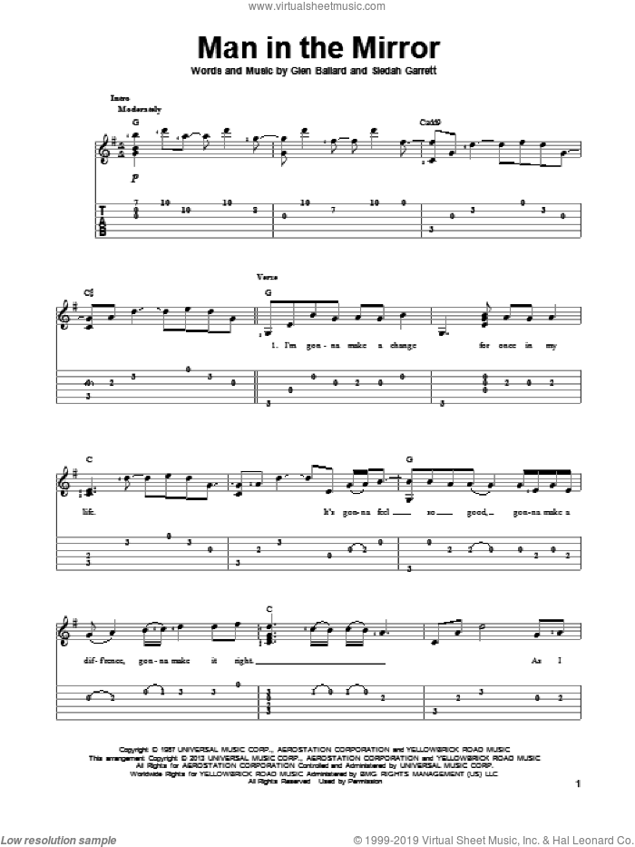 Man In The Mirror sheet music for guitar solo by Michael Jackson, intermediate skill level