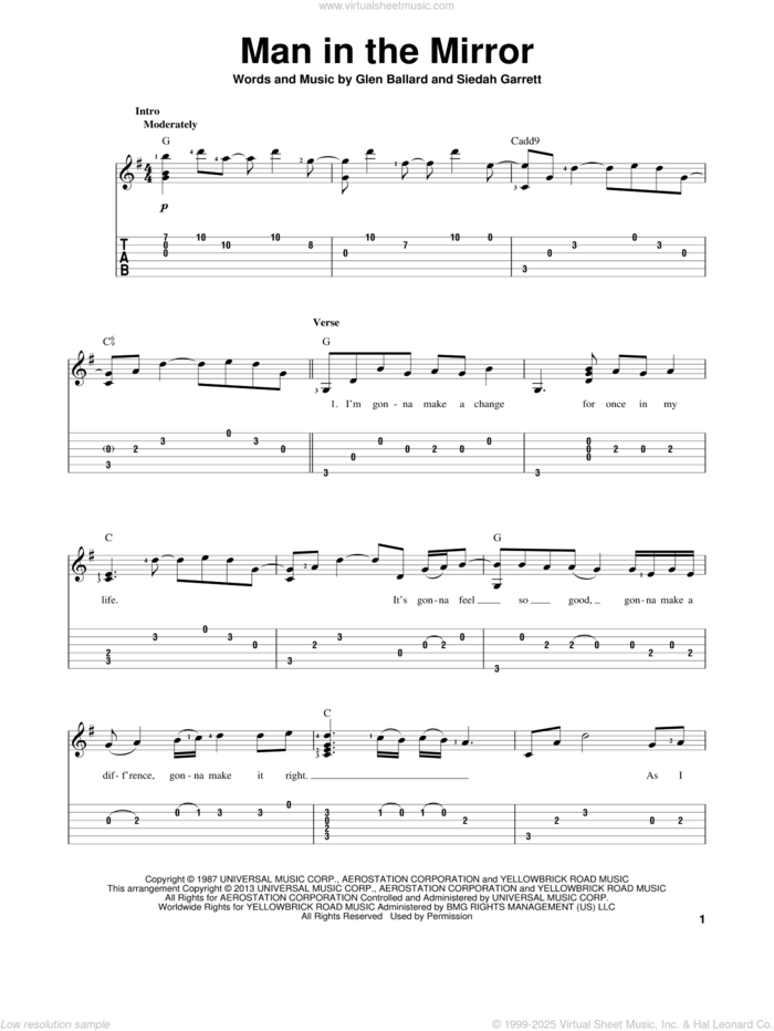 Man In The Mirror sheet music for guitar solo by Michael Jackson, intermediate skill level