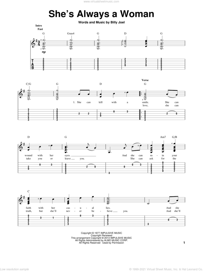 She's Always A Woman sheet music for guitar solo by Billy Joel, intermediate skill level