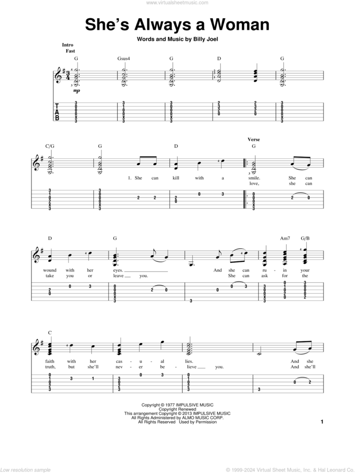 She's Always A Woman sheet music for guitar solo by Billy Joel, intermediate skill level