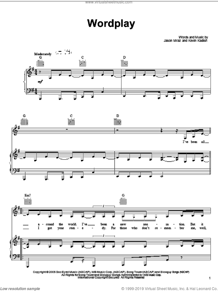 Wordplay sheet music for voice, piano or guitar by Jason Mraz and Kevin Kadish, intermediate skill level