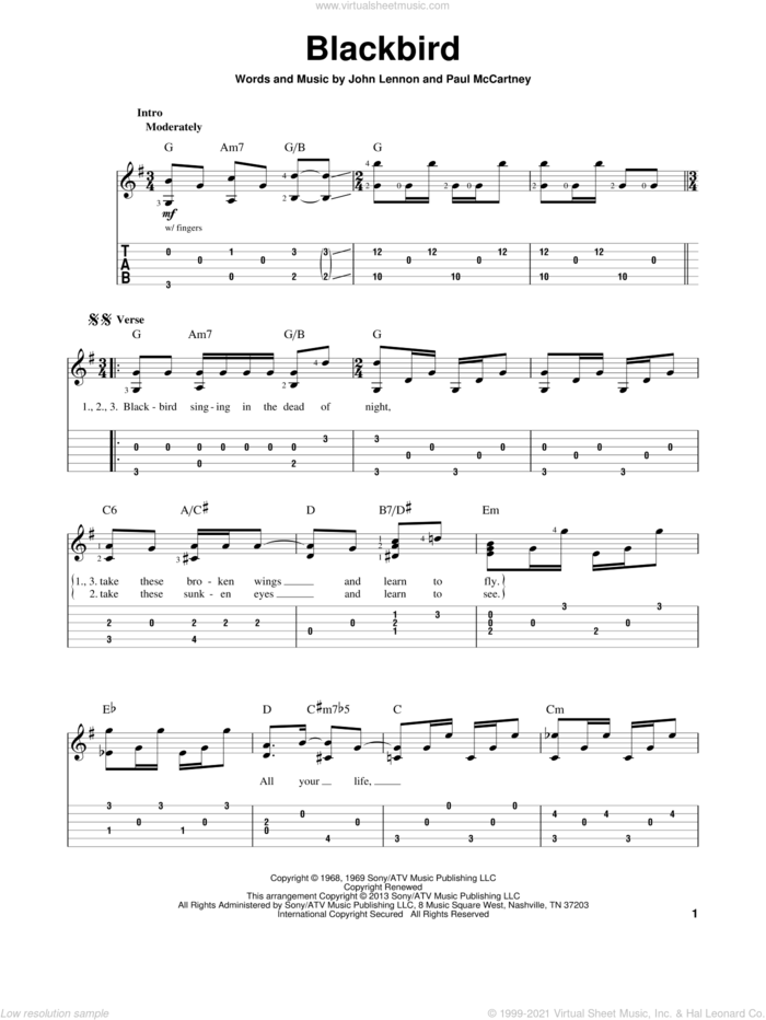 Blackbird sheet music for guitar solo by The Beatles, intermediate skill level