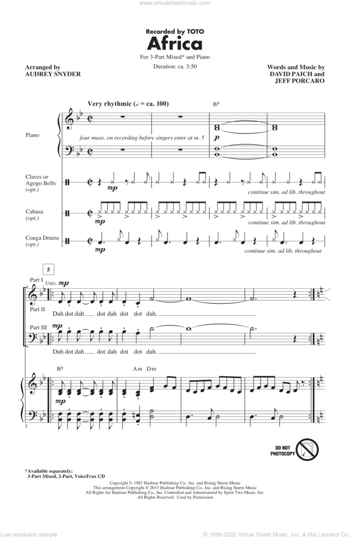 Africa (arr. Audrey Snyder) sheet music for choir (3-Part Mixed) by Audrey Snyder and Toto, intermediate skill level