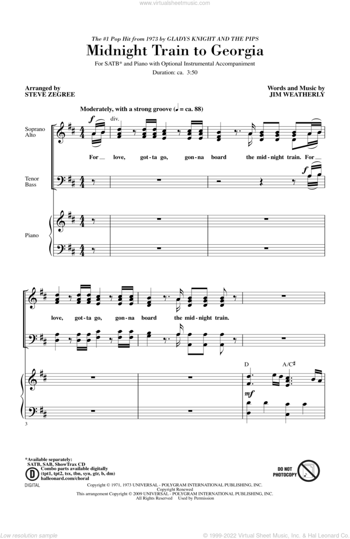 Midnight Train To Georgia sheet music for choir (SATB: soprano, alto, tenor, bass) by Steve Zegree and Gladys Knight & The Pips, intermediate skill level