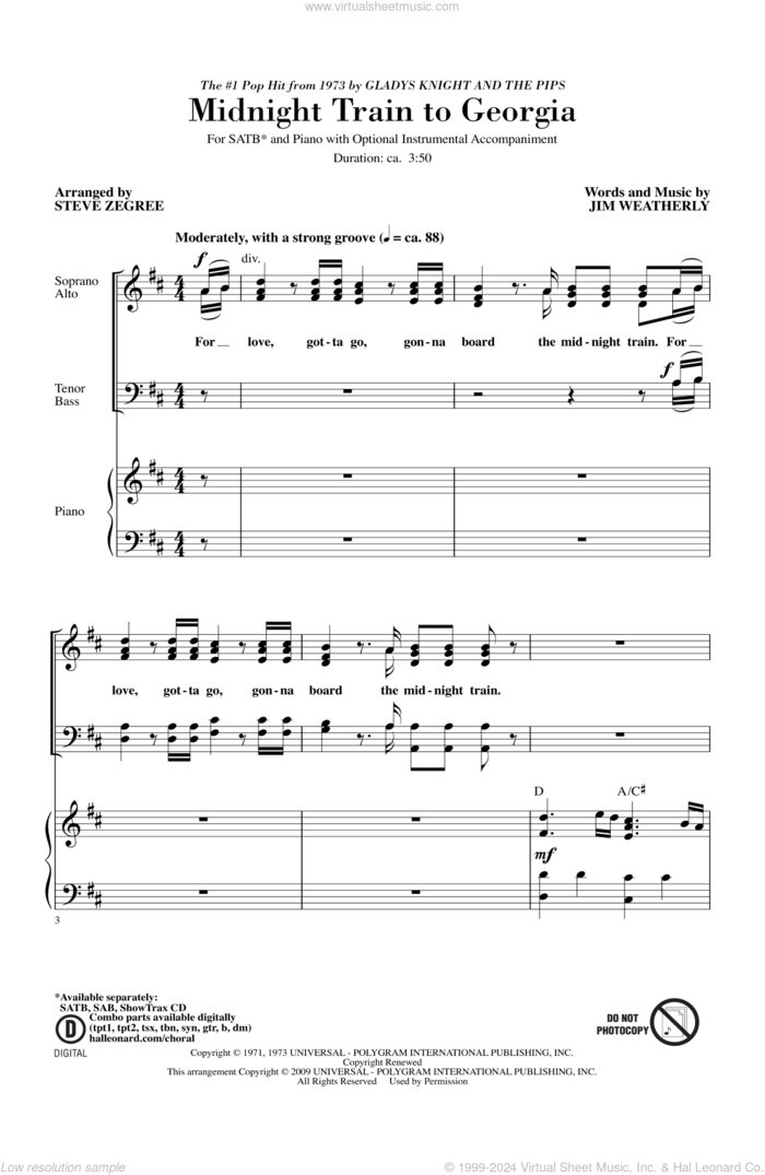 Midnight Train To Georgia sheet music for choir (SATB: soprano, alto, tenor, bass) by Steve Zegree and Gladys Knight & The Pips, intermediate skill level