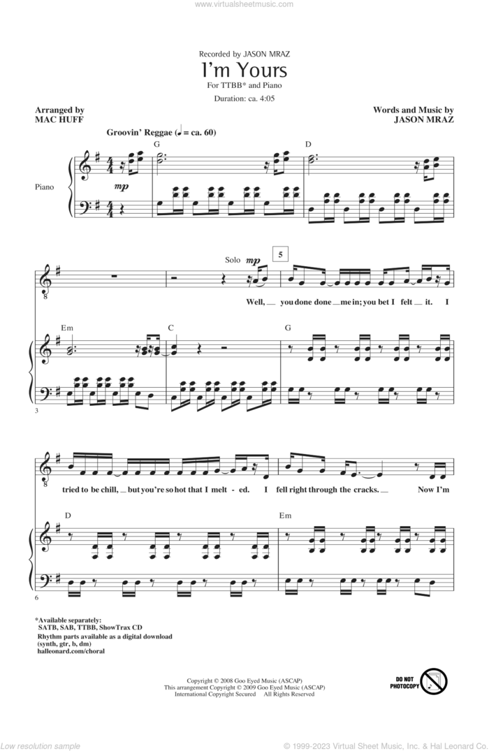 I'm Yours sheet music for choir (TTBB: tenor, bass) by Mac Huff and Jason Mraz, intermediate skill level