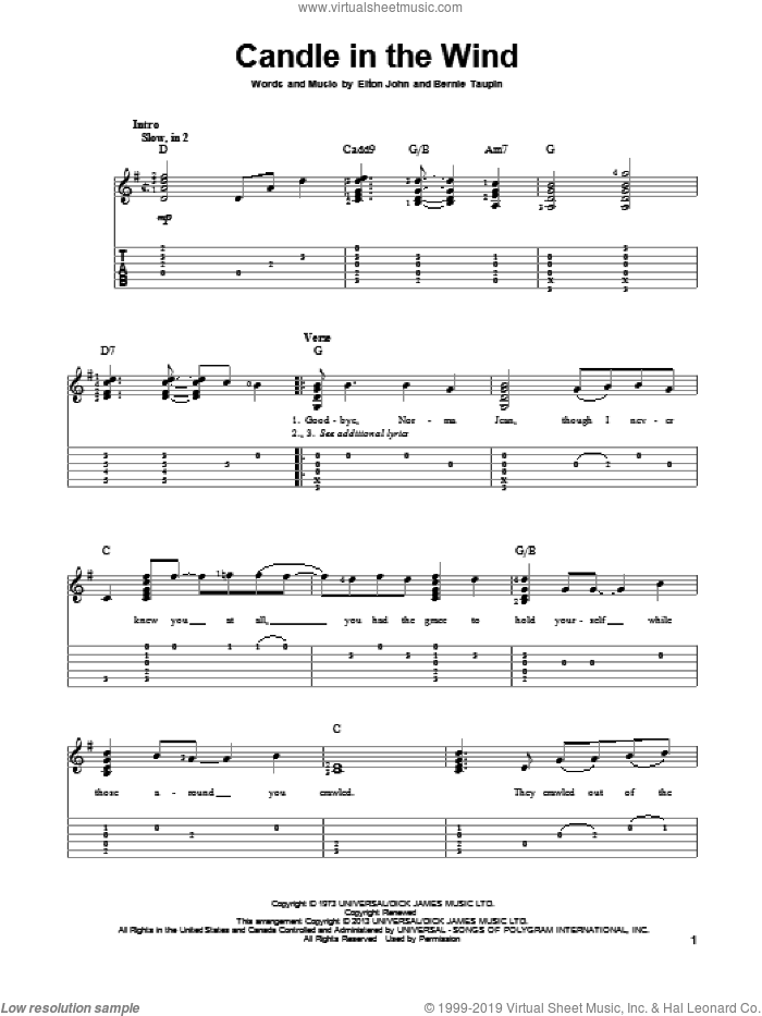 Candle In The Wind sheet music for guitar solo by Elton John, intermediate skill level
