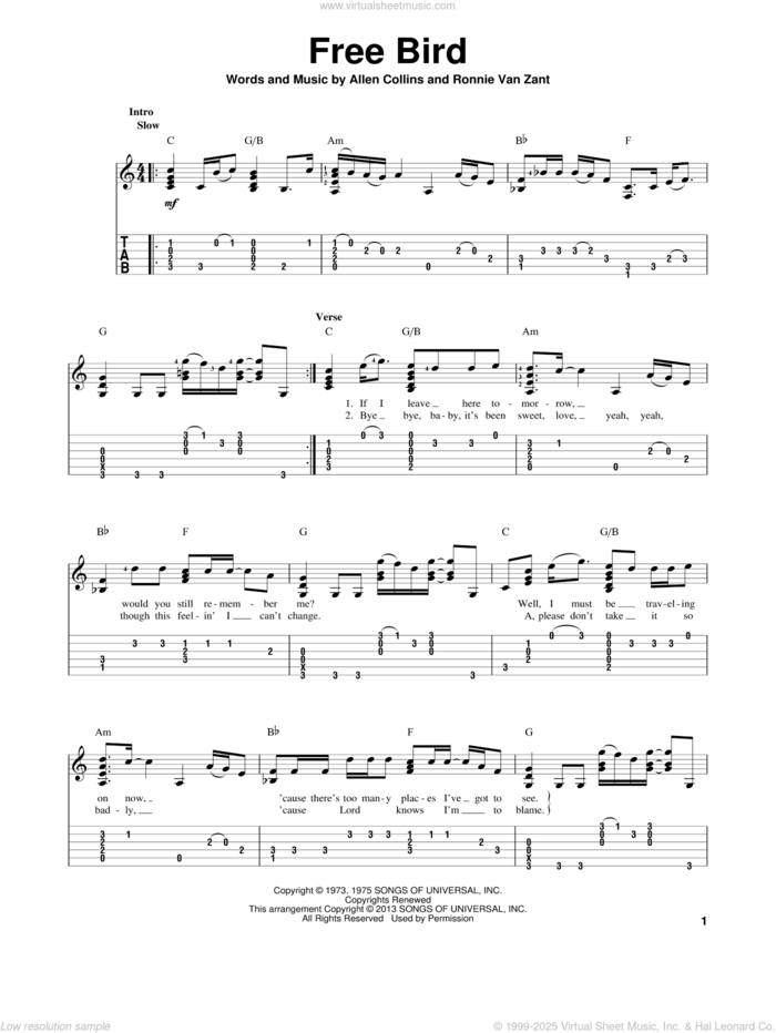 Free Bird sheet music for guitar solo by Lynyrd Skynyrd, intermediate skill level