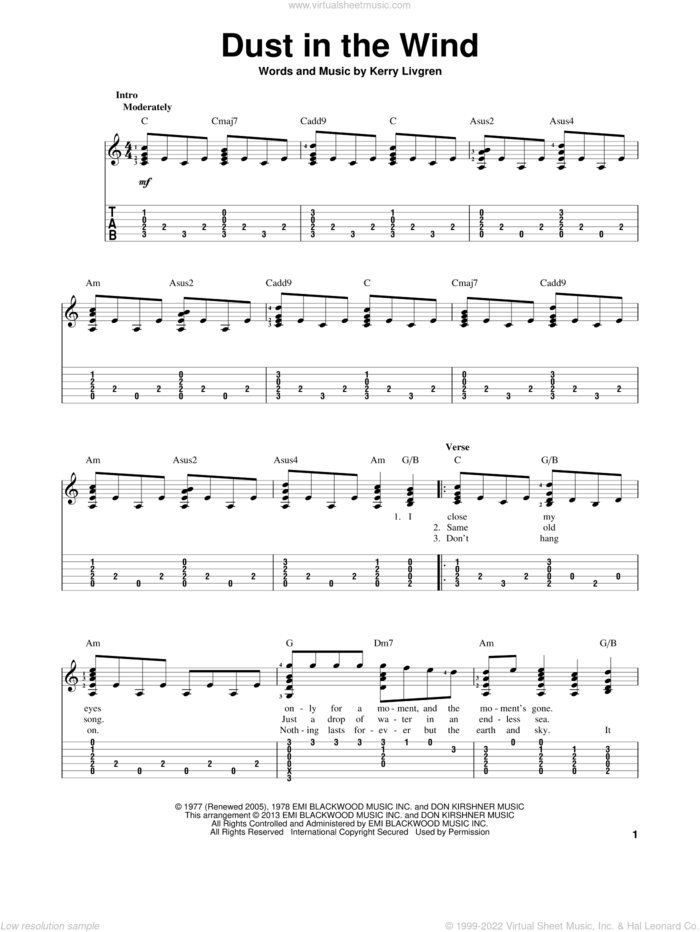 Dust In The Wind sheet music for guitar solo by Kansas, intermediate skill level