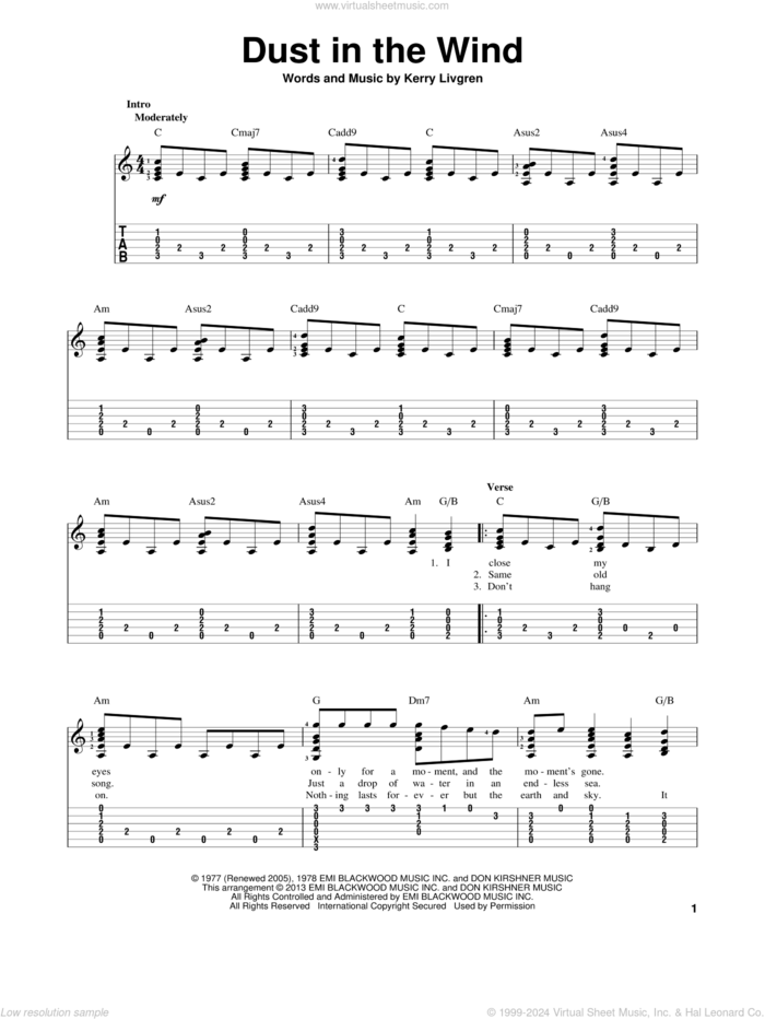 Dust In The Wind sheet music for guitar solo by Kansas, intermediate skill level