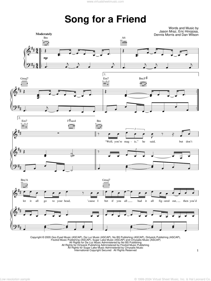 Song For A Friend sheet music for voice, piano or guitar by Jason Mraz, Dan Wilson, Dennis Morris and Eric Hinojosa, intermediate skill level