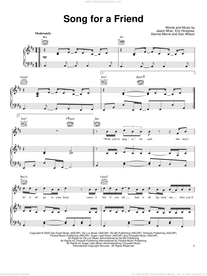 Song For A Friend sheet music for voice, piano or guitar by Jason Mraz, Dan Wilson, Dennis Morris and Eric Hinojosa, intermediate skill level