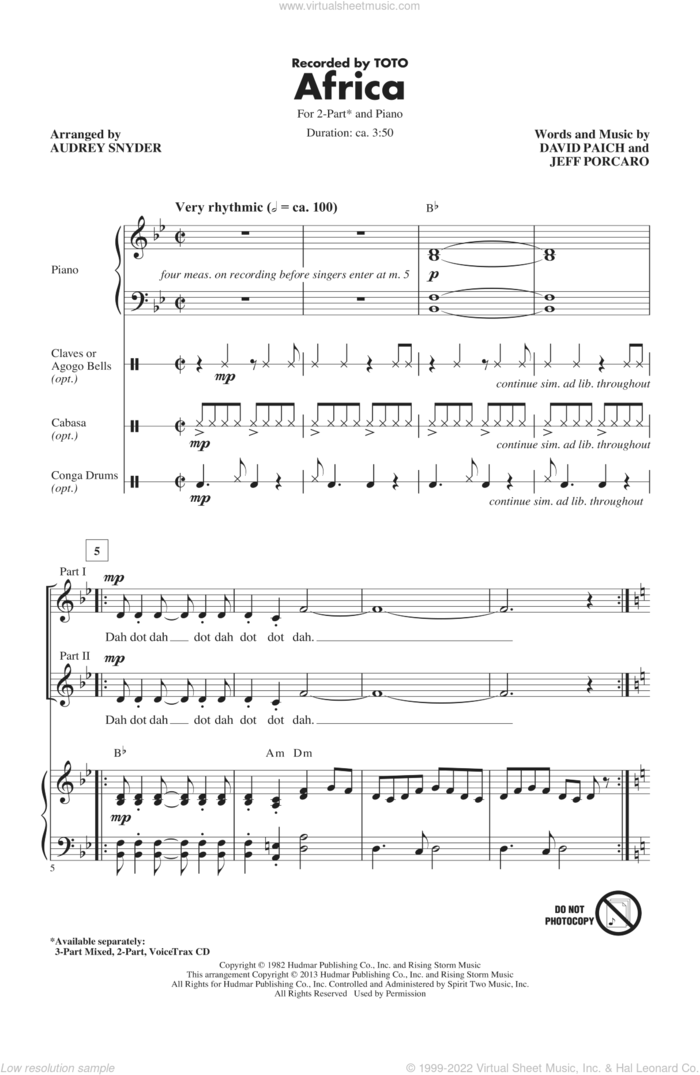Africa (arr. Audrey Snyder) sheet music for choir (2-Part) by Audrey Snyder and Toto, intermediate duet