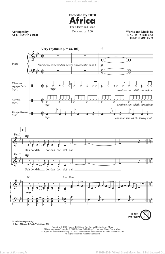 Africa (arr. Audrey Snyder) sheet music for choir (2-Part) by Audrey Snyder and Toto, intermediate duet