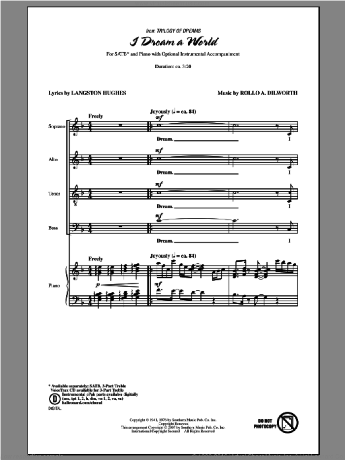 I Dream A World (from Trilogy of Dreams) sheet music for choir (SATB: soprano, alto, tenor, bass) by Rollo Dilworth, intermediate skill level