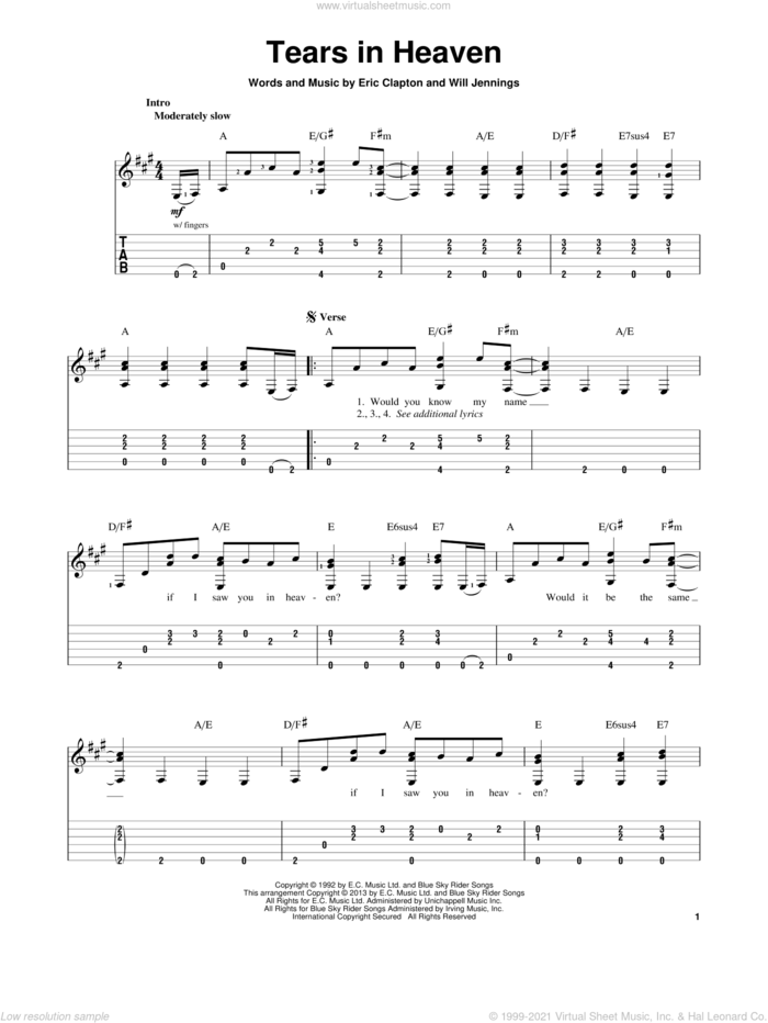 Tears In Heaven sheet music for guitar solo by Eric Clapton, intermediate skill level