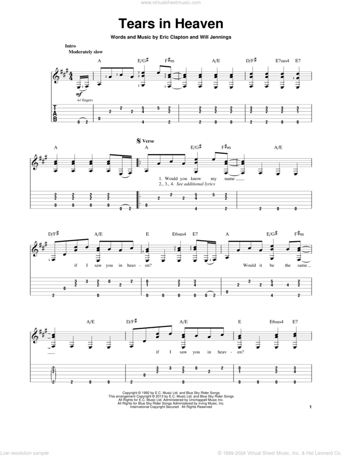 Tears In Heaven sheet music for guitar solo by Eric Clapton, intermediate skill level