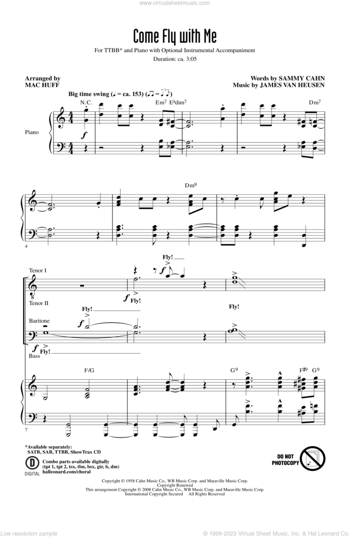 Come Fly With Me sheet music for choir (TTBB: tenor, bass) by Mac Huff and Frank Sinatra, intermediate skill level