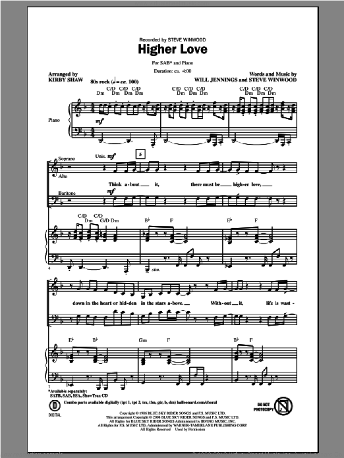 Higher Love sheet music for choir (SAB: soprano, alto, bass) by Kirby Shaw and Steve Winwood, intermediate skill level