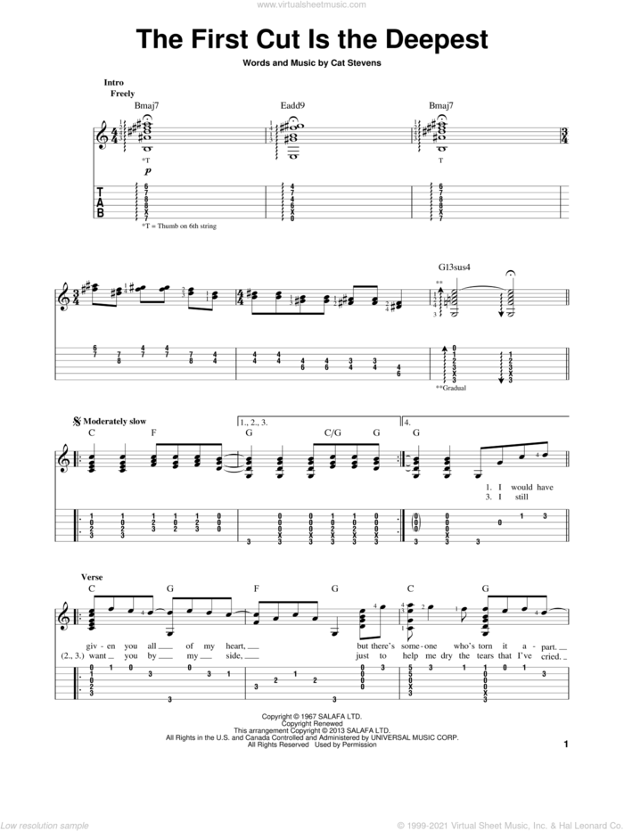 The First Cut Is The Deepest sheet music for guitar solo by Cat Stevens, Rod Stewart and Sheryl Crow, intermediate skill level