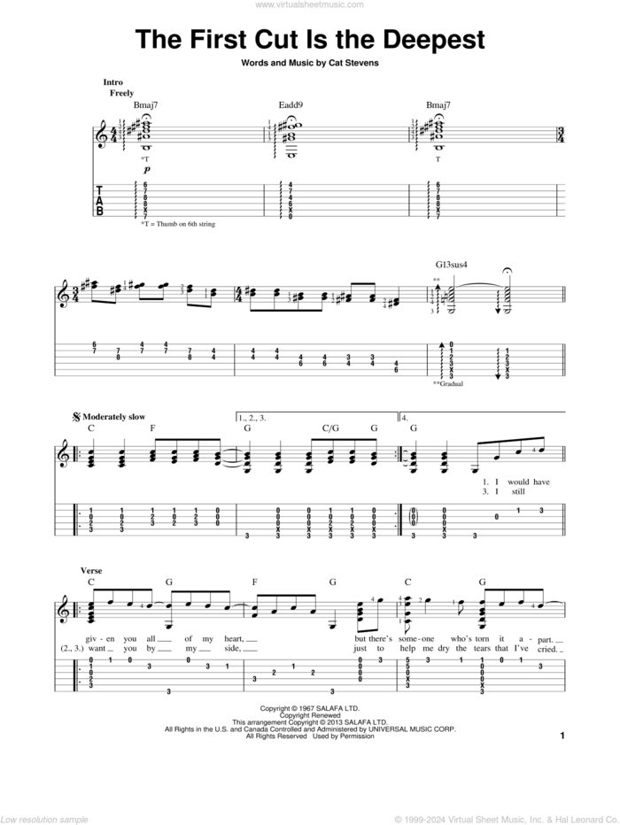 The First Cut Is The Deepest sheet music for guitar solo by Cat Stevens, Rod Stewart and Sheryl Crow, intermediate skill level