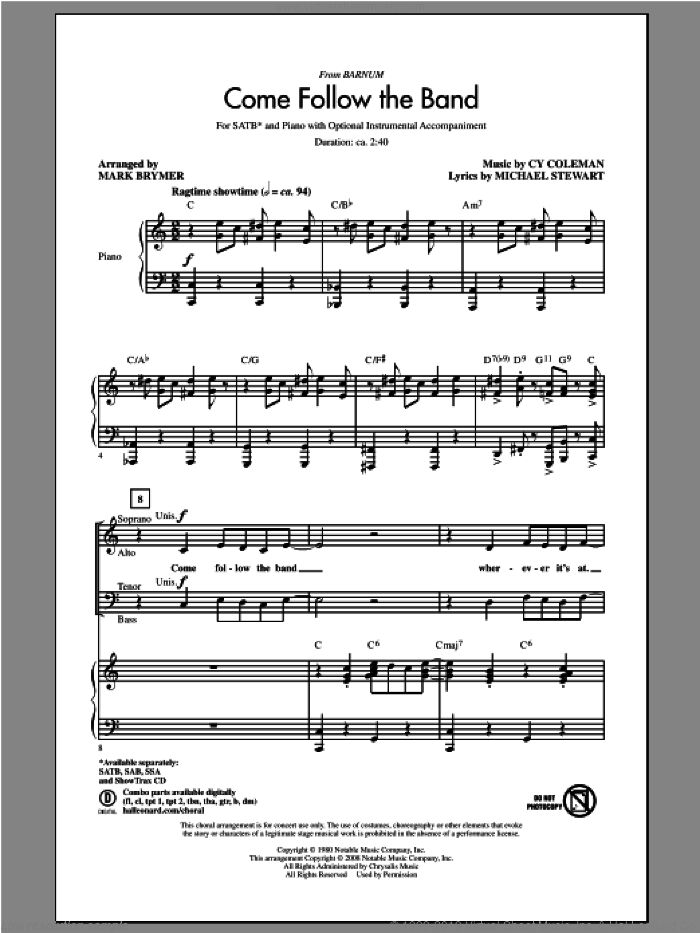 Come Follow The Band sheet music for choir (SATB: soprano, alto, tenor, bass) by Mark Brymer, intermediate skill level