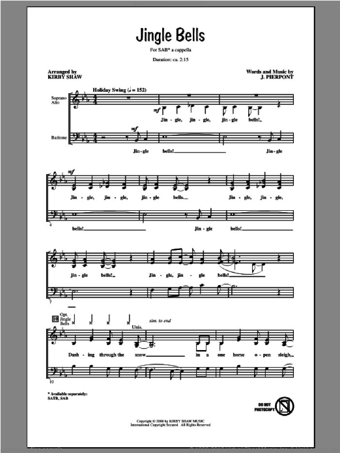Jingle Bells sheet music for choir (SAB: soprano, alto, bass) by Kirby Shaw, intermediate skill level