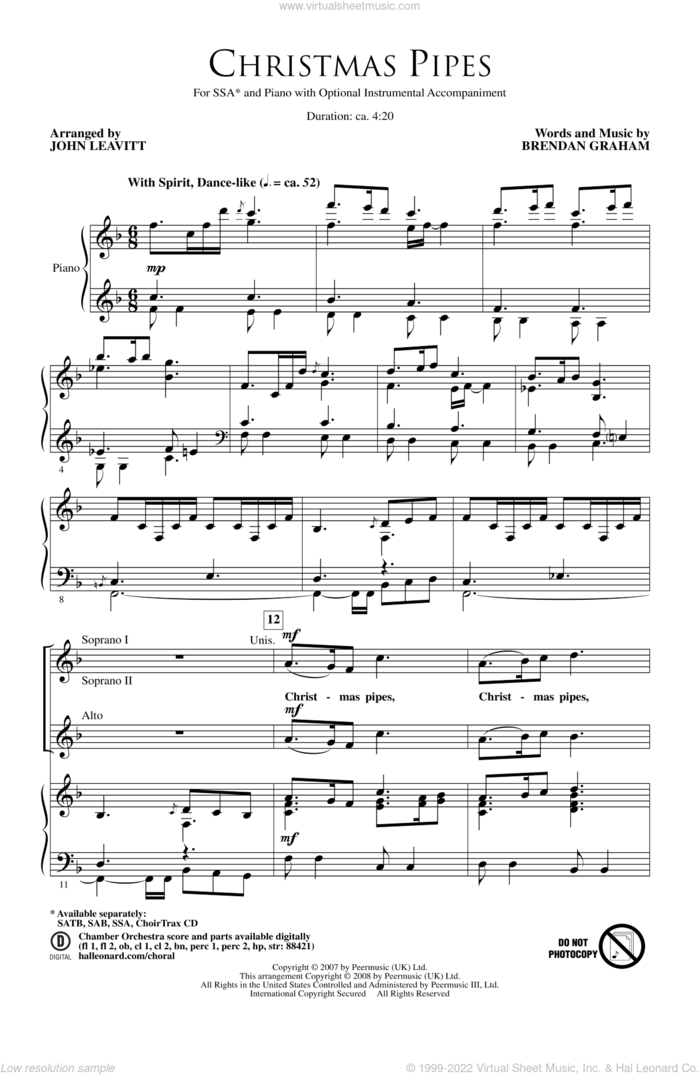 Christmas Pipes sheet music for choir (SSA: soprano, alto) by John Leavitt and Brendan Graham, intermediate skill level