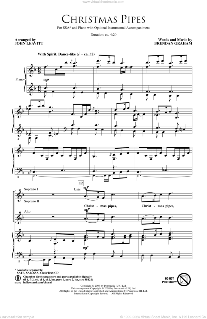 Christmas Pipes sheet music for choir (SSA: soprano, alto) by John Leavitt and Brendan Graham, intermediate skill level