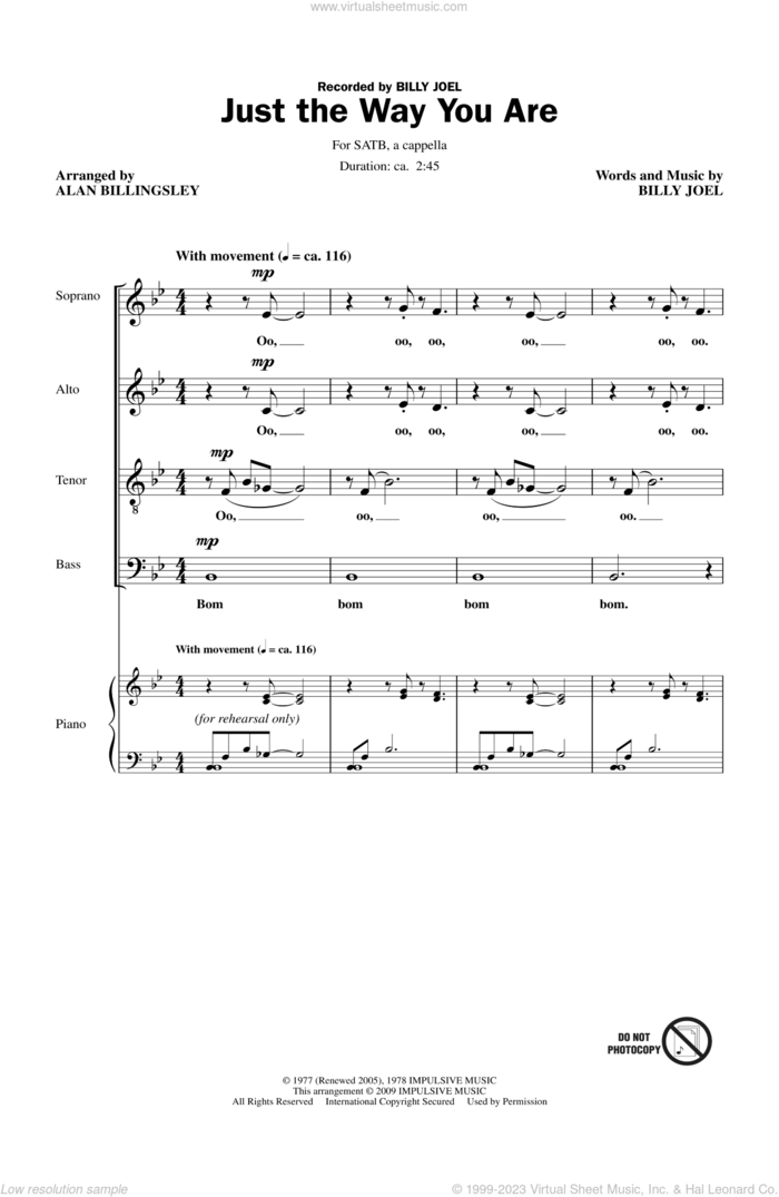 Just The Way You Are sheet music for choir (SATB: soprano, alto, tenor, bass) by Billy Joel and Alan Billingsley, intermediate skill level