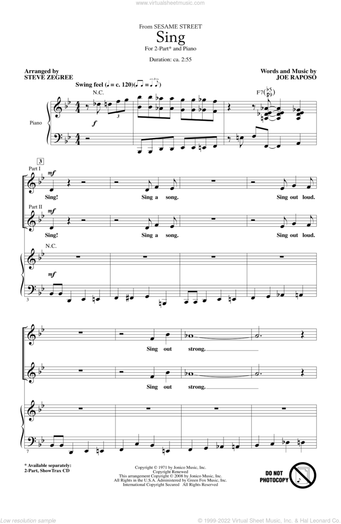 Sing (from Sesame Street) (arr. Steve Zegree) sheet music for choir (2-Part) by Joe Raposo and Steve Zegree, intermediate duet